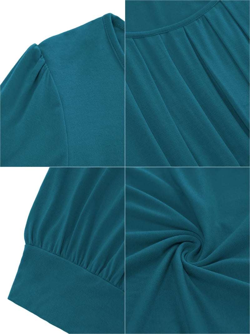 DJT Women's Short Sleeve Summer Tops Scoop Neck Pleated Front Casual Tee T Shirt X-Large Teal - Image 3